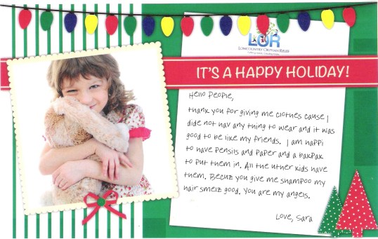 One group I volunteer for, the Lowcountry Orphan Relief. If you look closely that word is 'pencils'. 